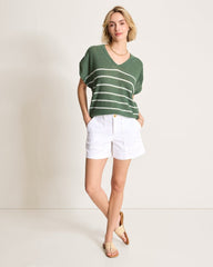 Lakes Edge Linen-Blend Stripe Sweater Top - Dark Jade