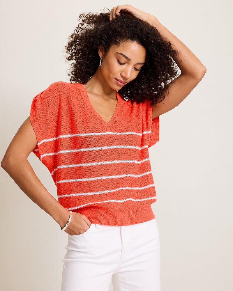 Lakes Edge Linen-Blend Stripe Sweater Top - Ember Red