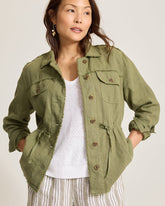 Two Palms Linen Raw-Edge Utility Jacket - Dark Fern