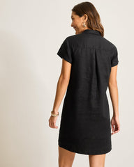 Two Palms Short-Sleeve Linen Collared Dress - Black