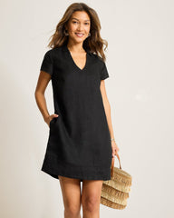 Two Palms Short-Sleeve Linen Collared Dress - Black