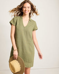 Two Palms Short-Sleeve Linen Collared Dress - Dark Fern