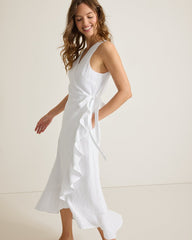 Coastalina Linen Midi Wrap Dress - White