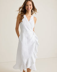 Coastalina Linen Midi Wrap Dress - White