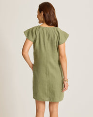 Two Palms Flutter-Sleeve Linen Shift Dress - Dark Fern