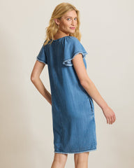 Chambray O'Lei Linen-Blend Flutter-Sleeve Shift Dress - Med Indigo Wash