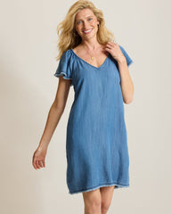 Chambray O'Lei Linen-Blend Flutter-Sleeve Shift Dress - Med Indigo Wash