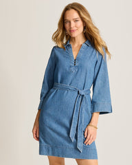 Indigo Twill Denim 3/4-Sleeve Short Dress - Indigo Oasis Wash