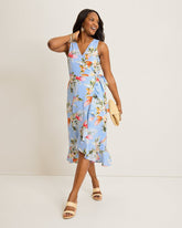 Coastalina Linen Ginger Flowers Midi Wrap Dress - Seabank Sky