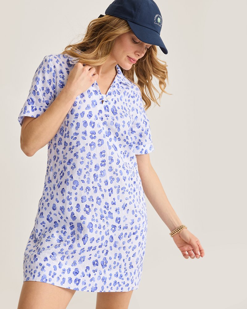 Two Palms Lush Leopard Collared Linen Dress - Grape Pools
