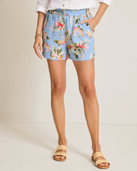 Two Palms Ginger Flowers Linen Shorts - Seabank Sky