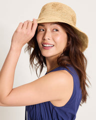 Crochet Raffia Embroidered Flower Bucket Hat - Natural
