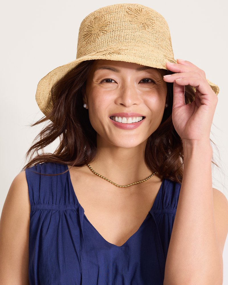 Crochet Raffia Embroidered Flower Bucket Hat - Natural
