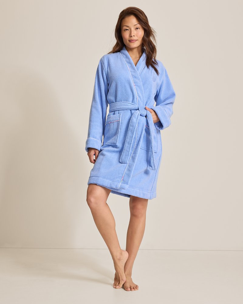 Terry Long-Sleeve Short Robe - Blue Blossom