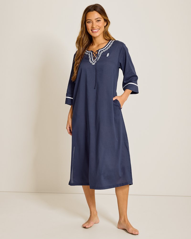 Woven 3/4-Sleeve Maxi Sleep Caftan - Classic Navy