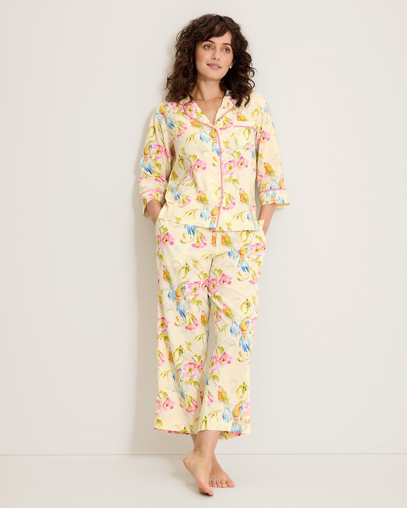 Lawn 3/4-Sleeve Top & Cropped Pants Pajama Set - Pale Yellow