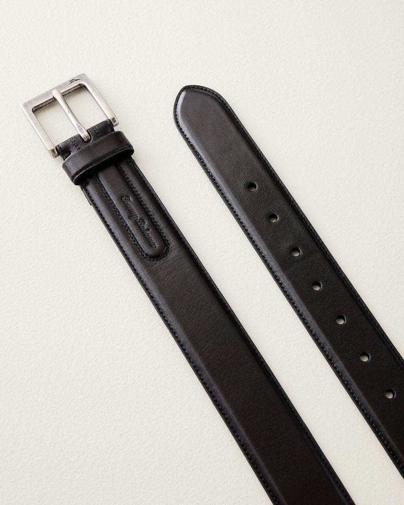Feather-Edge Inlaid Logo Leather Belt - Black