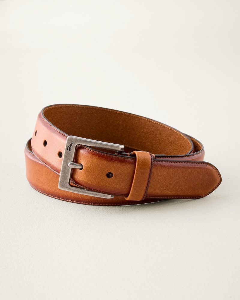Feather-Edge Inlaid Logo Leather Belt - Tan