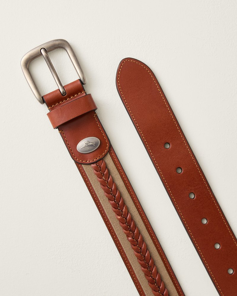 Fabric &amp; Braid Inlay Leather Belt - Tan