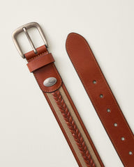 Fabric &amp; Braid Inlay Leather Belt - Tan