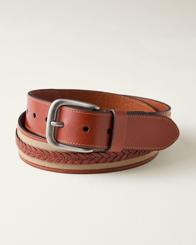 Fabric &amp; Braid Inlay Leather Belt - Tan