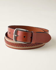 Fabric &amp; Braid Inlay Leather Belt - Tan