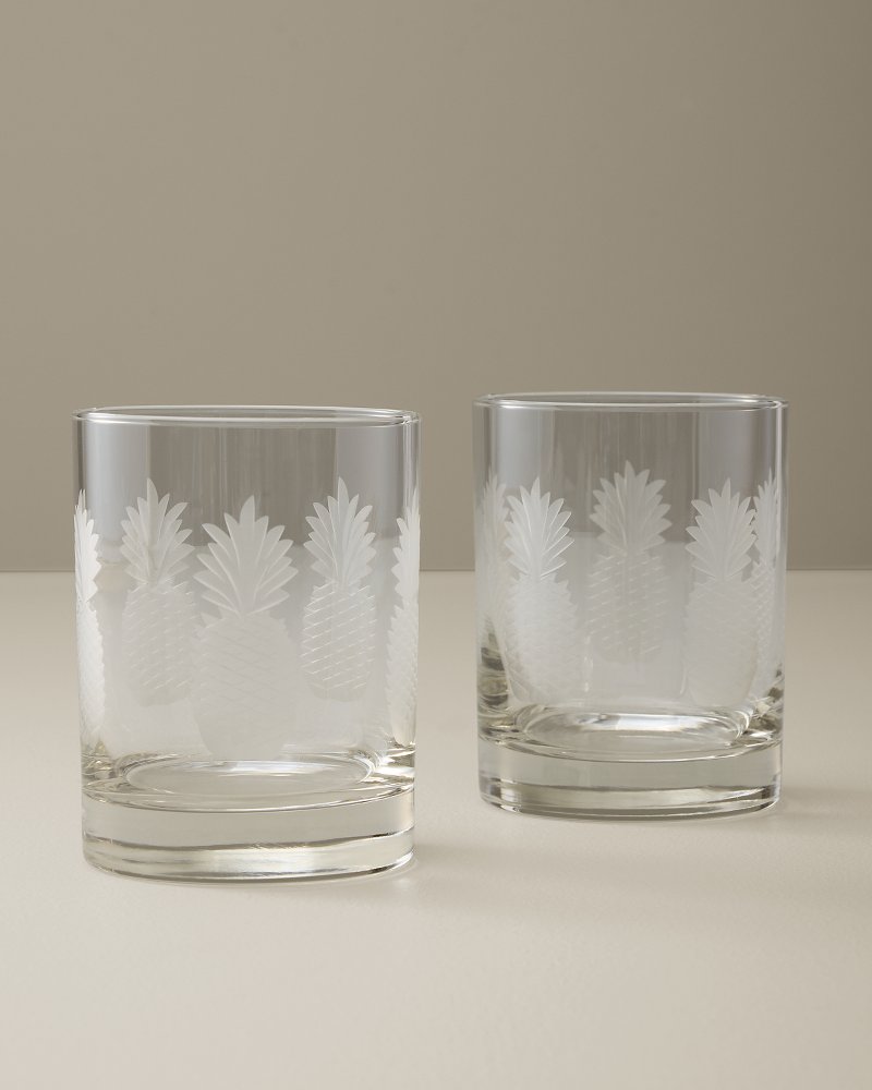 Etched Pineapple Double Old-Fashioned 13-oz. Glasses — Set of 2 - Clear