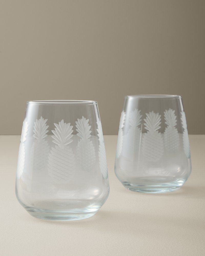 Etched Pineapple 15.75-oz. Stemless Wine Glasses — Set of 2 - Clear