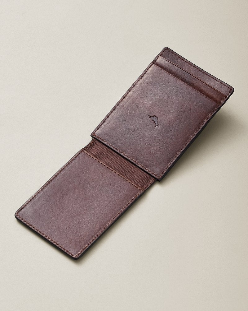 Woven Leather Wide Magnetic Wallet - Brown