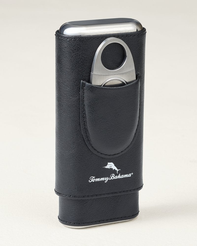 Ashton 3-Cigar Leather Case With Cutter - Black