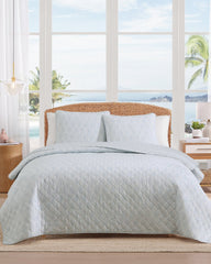 Line Palms 3-Piece Full/Queen Quilt Set - White/Blue