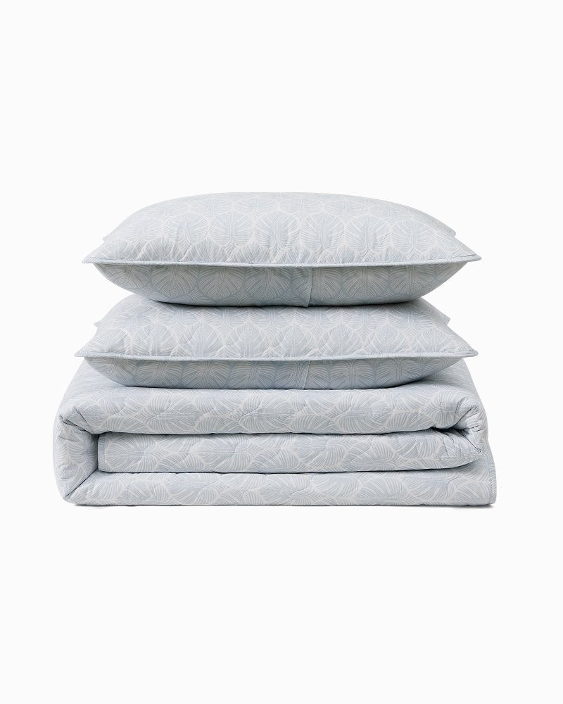 Line Palms 3-Piece King Quilt Set - White/Blue