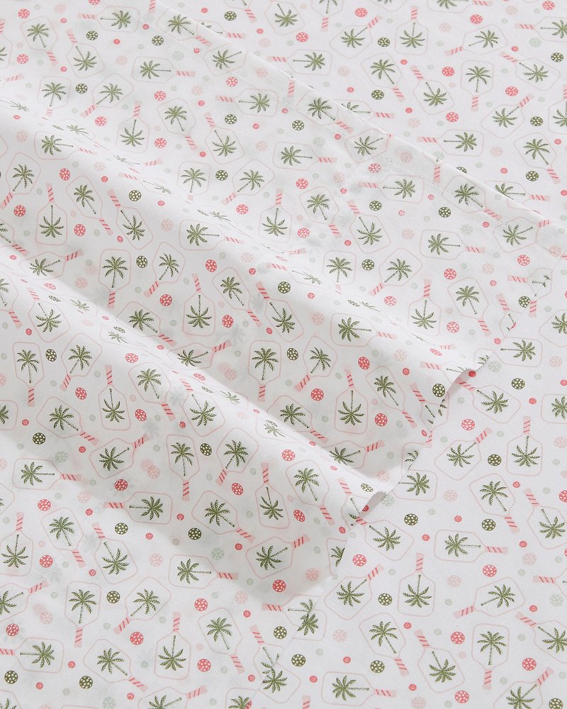 Pickleball Palm 4-Piece Queen Sheet Set - White/Pink
