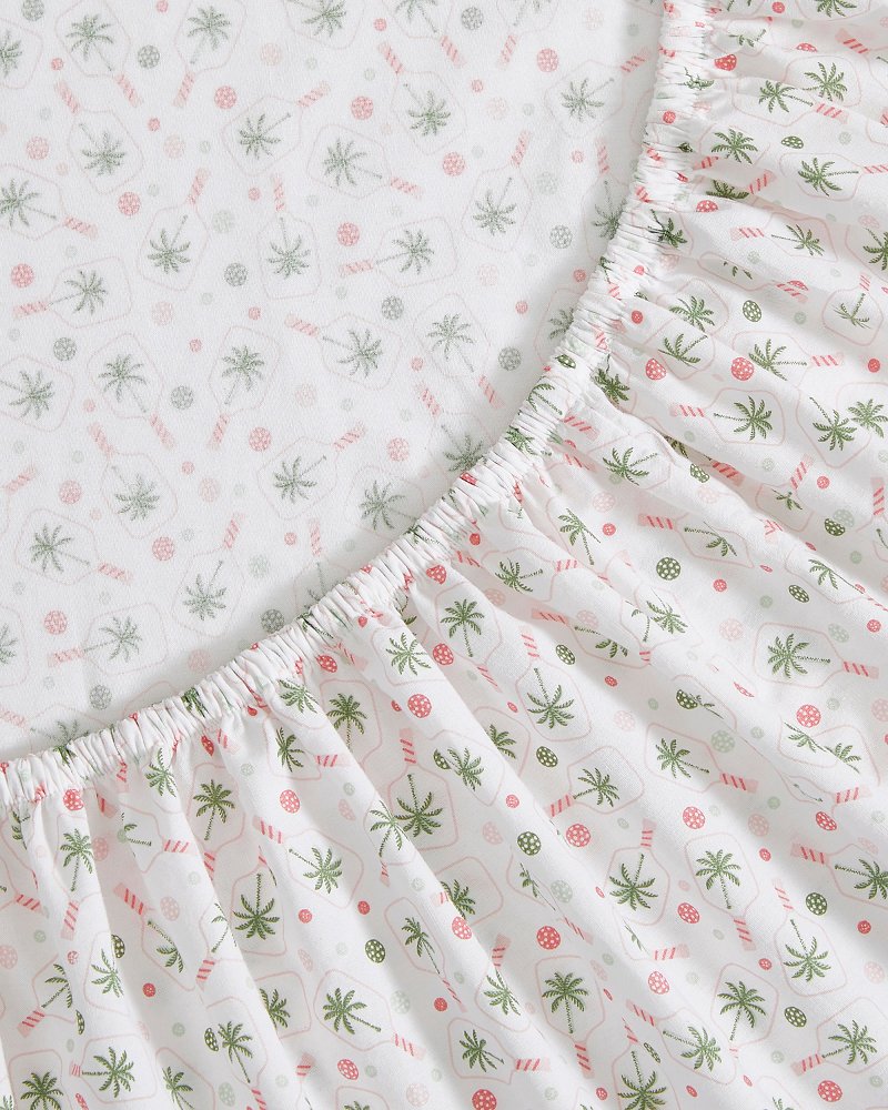 Pickleball Palm 4-Piece Queen Sheet Set - White/Pink