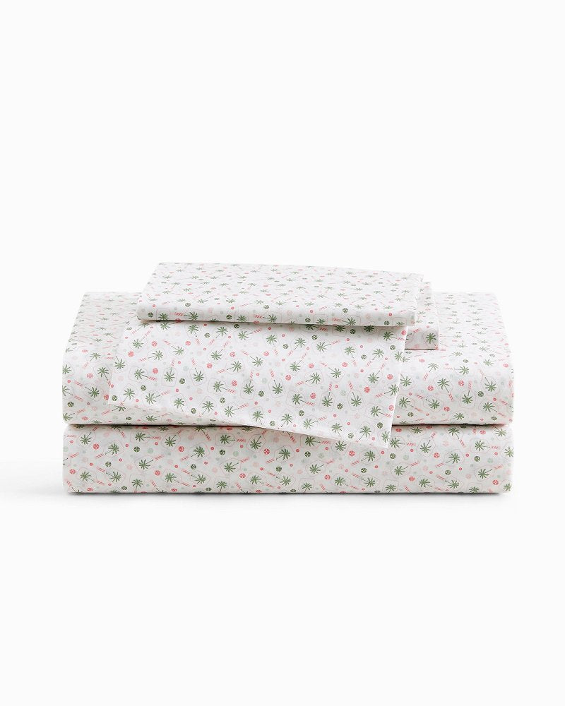 Pickleball Palm 4-Piece Queen Sheet Set - White/Pink