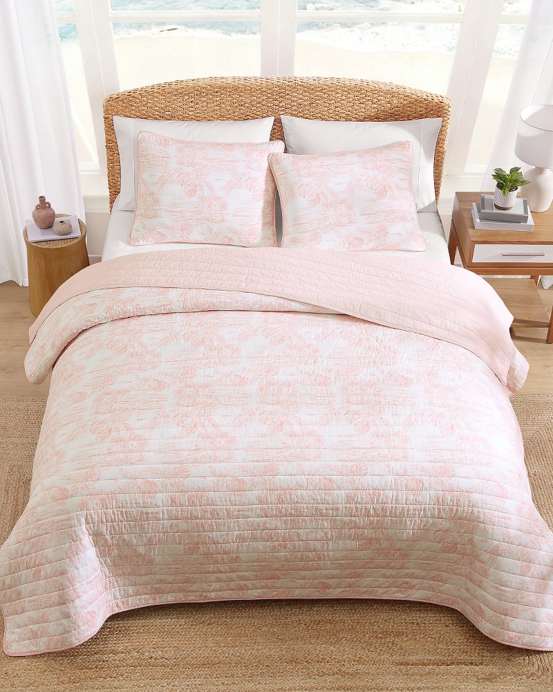 Beach Toile Reversible 3-Piece Full/Queen Quilt Set - Pink