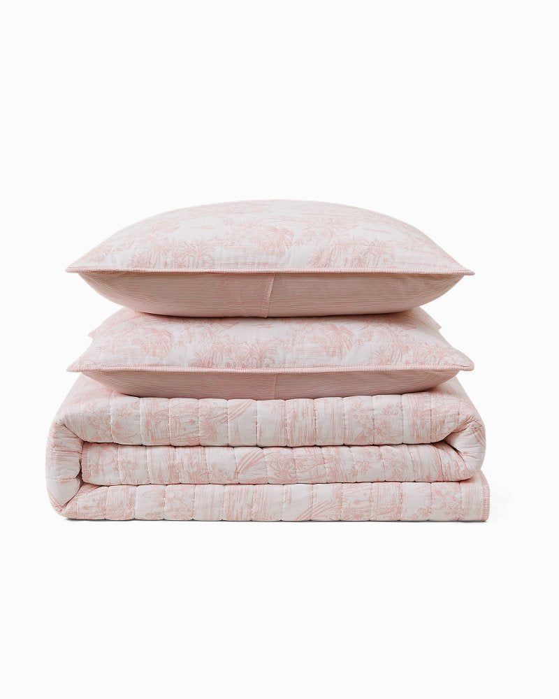 Beach Toile Reversible 3-Piece King Quilt Set - Pink
