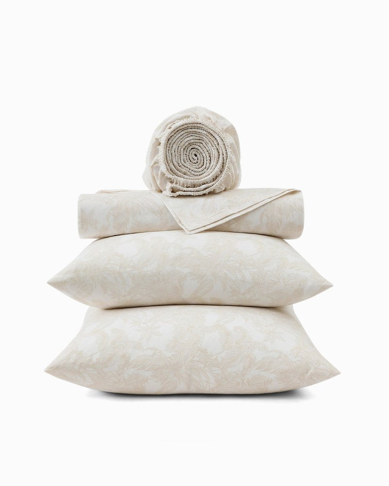 Legacy Fronds 4-Piece King Sheet Set - White/Lt Beige