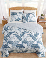 Vintage Palms 3-Piece Full/Queen Quilt Set - White/Blue
