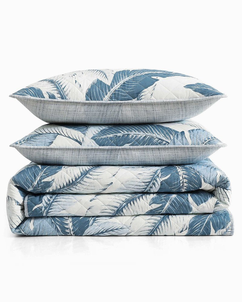 Vintage Palms 3-Piece King Quilt Set - White/Blue