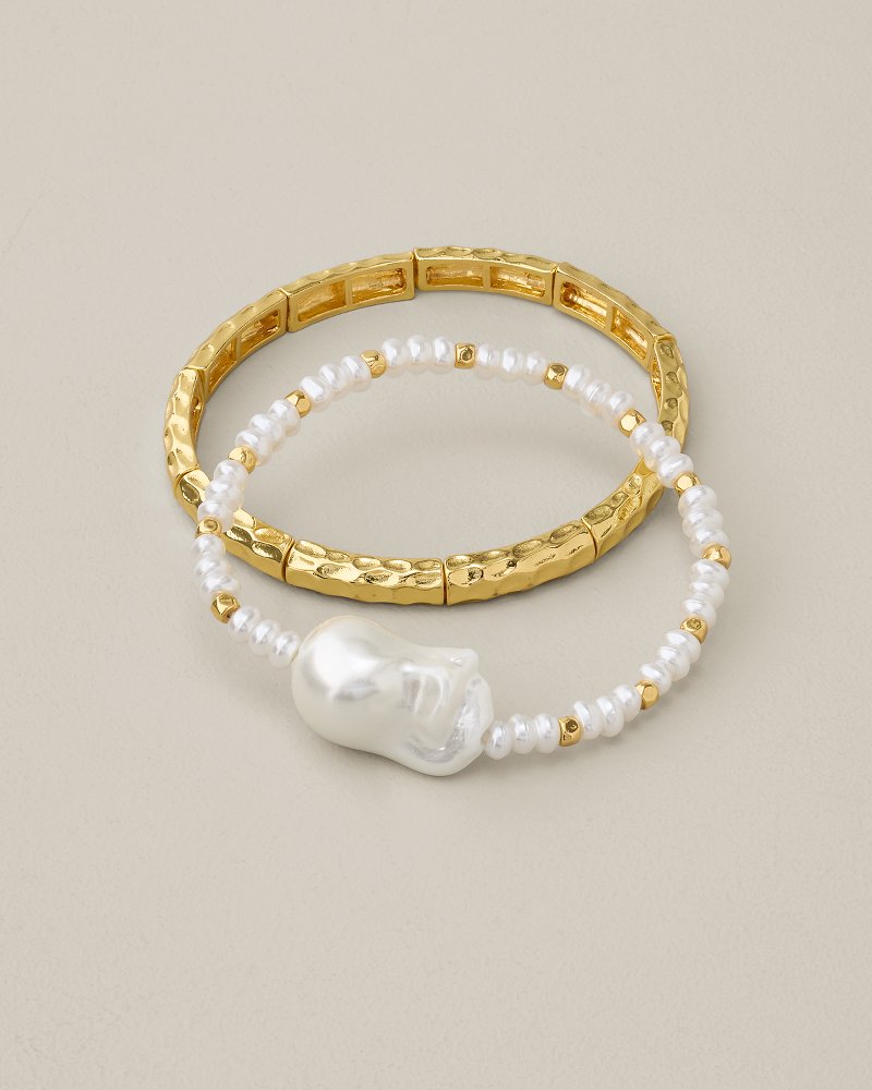 Royal Coast Pearl &amp; Metal Stretch Bracelet Set - Gold