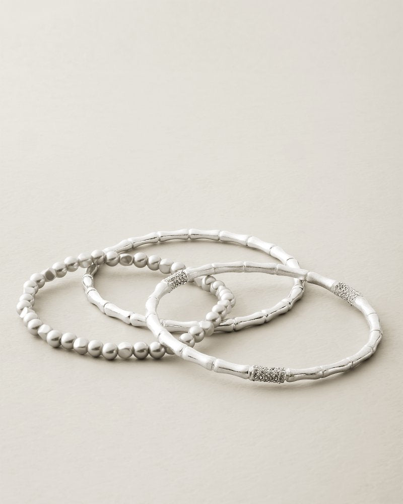 Shimmering Shores Bamboo Pearl Bracelet Set - Silver