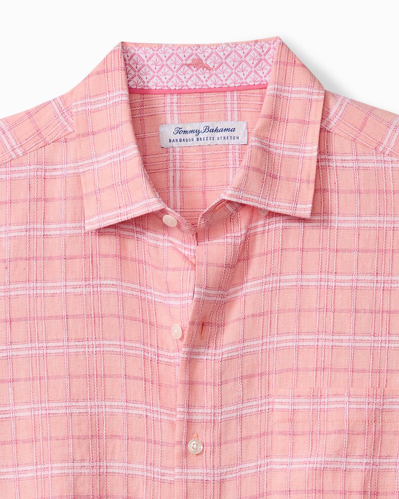 Big &amp; Tall Barbados Breeze Playa Plaid Stretch-Linen Shirt - Bright Peach