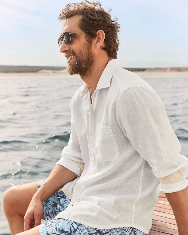 Big &amp; Tall Paradise Breezer Linen Long-Sleeve Shirt - White