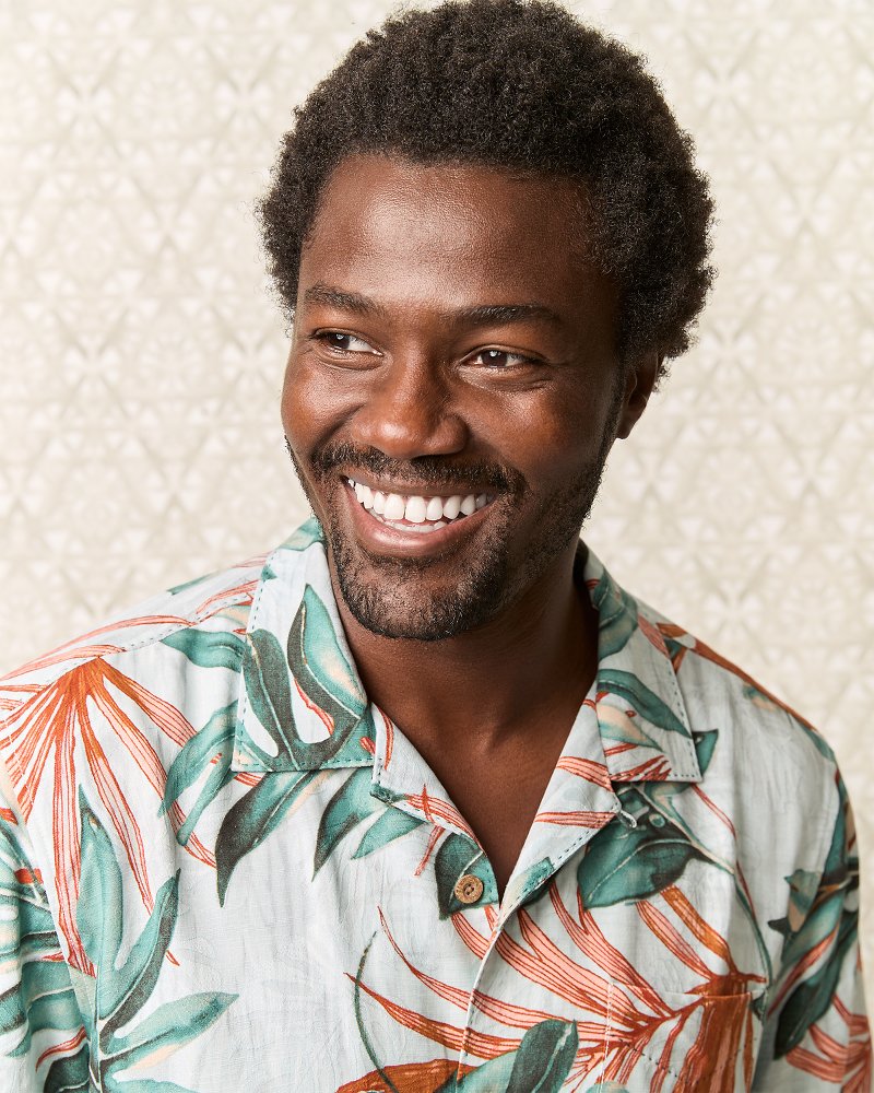Big &amp; Tall Tidal Fronds Silk Camp Shirt - Pale Opal