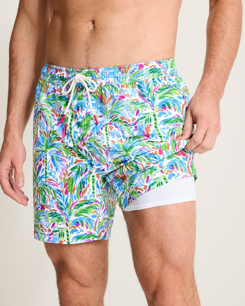 Big &amp; Tall Naples Poolside Palms Swim Trunks - White