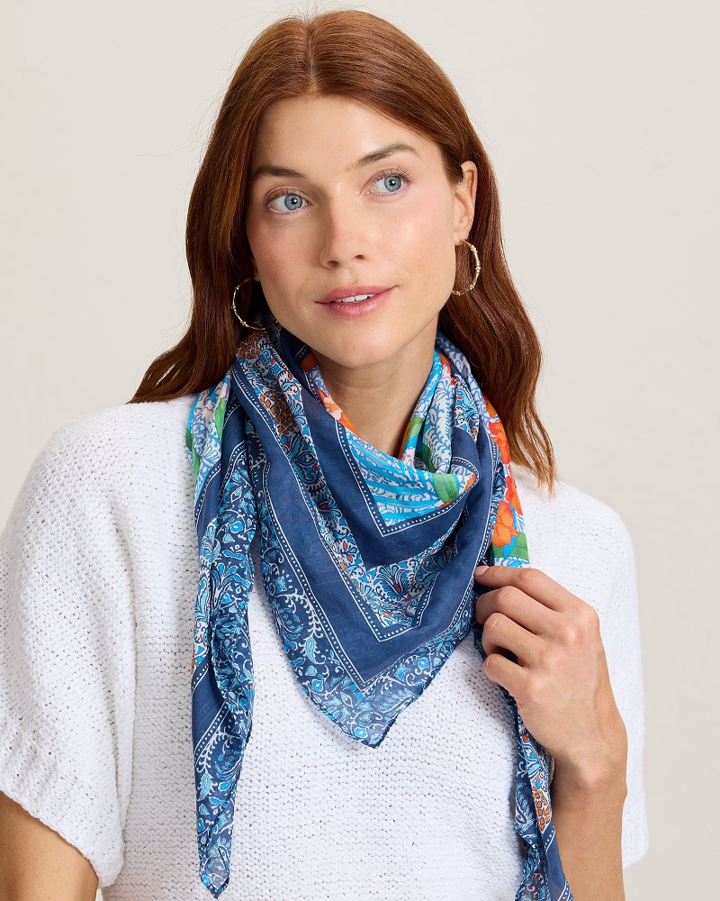Tropical Patchwork Square Silk-Blend Scarf - Sea Blue