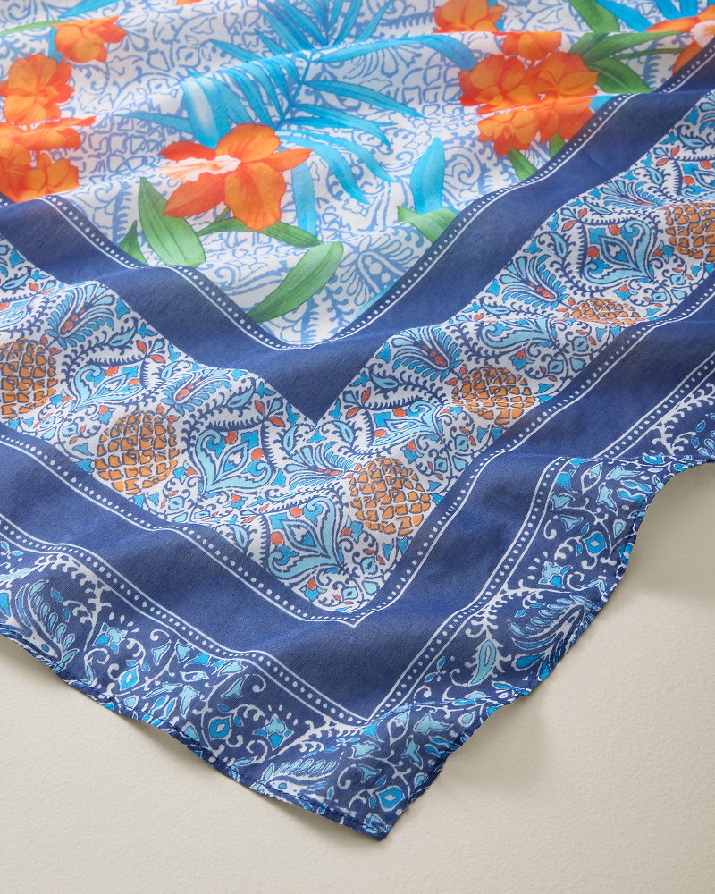 Tropical Patchwork Square Silk-Blend Scarf - Sea Blue