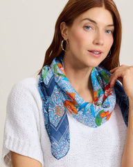 Tropical Patchwork Square Silk-Blend Scarf - Sea Blue