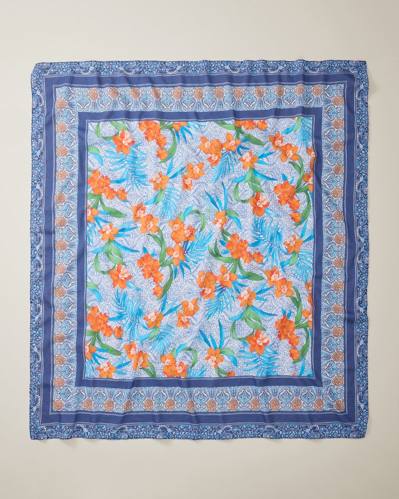 Tropical Patchwork Square Silk-Blend Scarf - Sea Blue